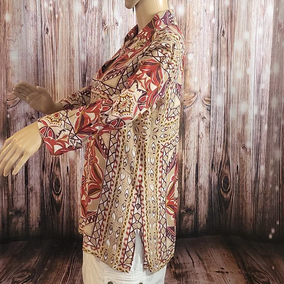 Talbots Women's Long-sleeved Printed V-Neck Silk and Linen Blouse Size 8 - Picture 5 of 10